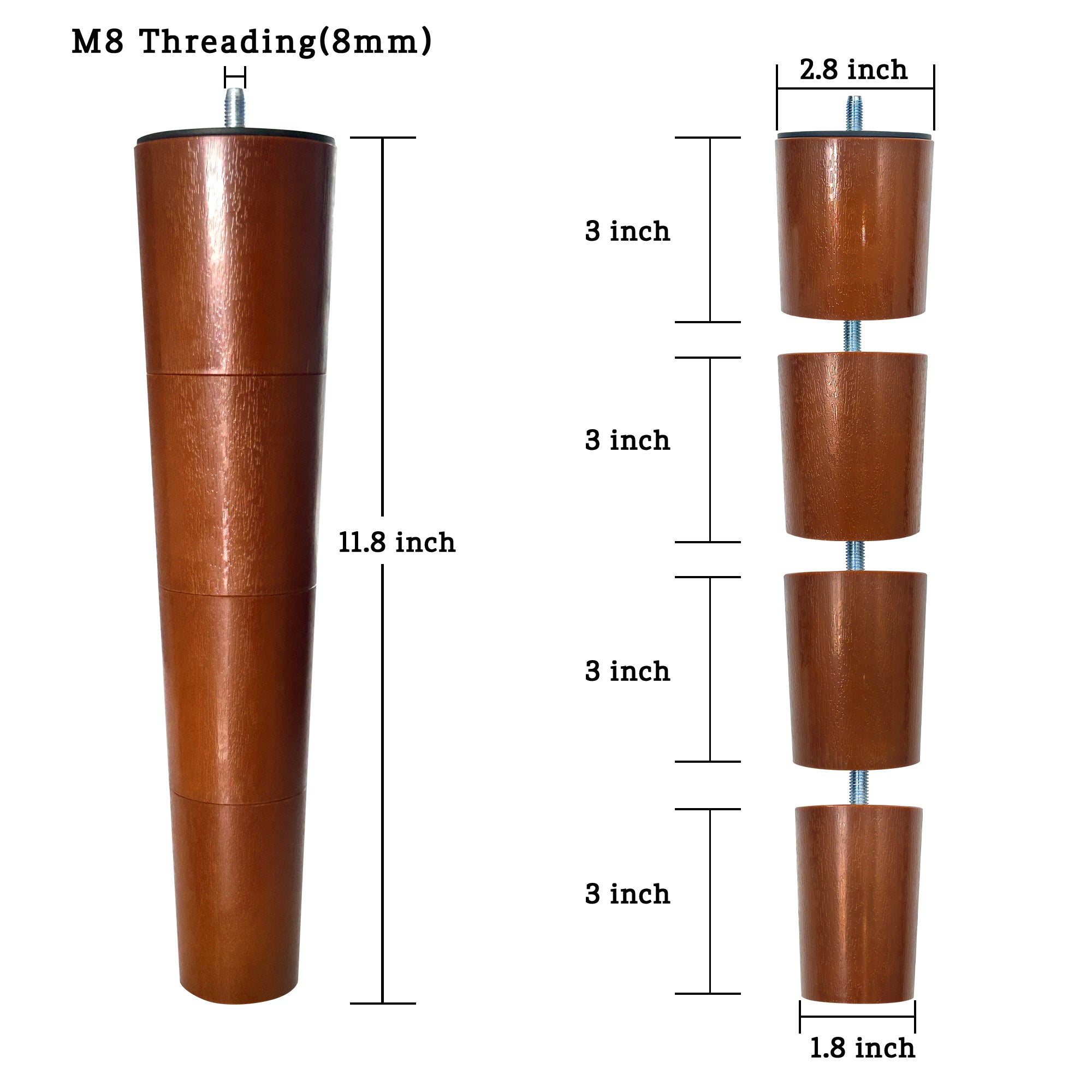 Fruhdi  12 Inch 6 Pcs Coffee Adjustable Bed Base Frame Support Legs Compatible with M8 M10 Threading Sofa Furniture Foot Replacement