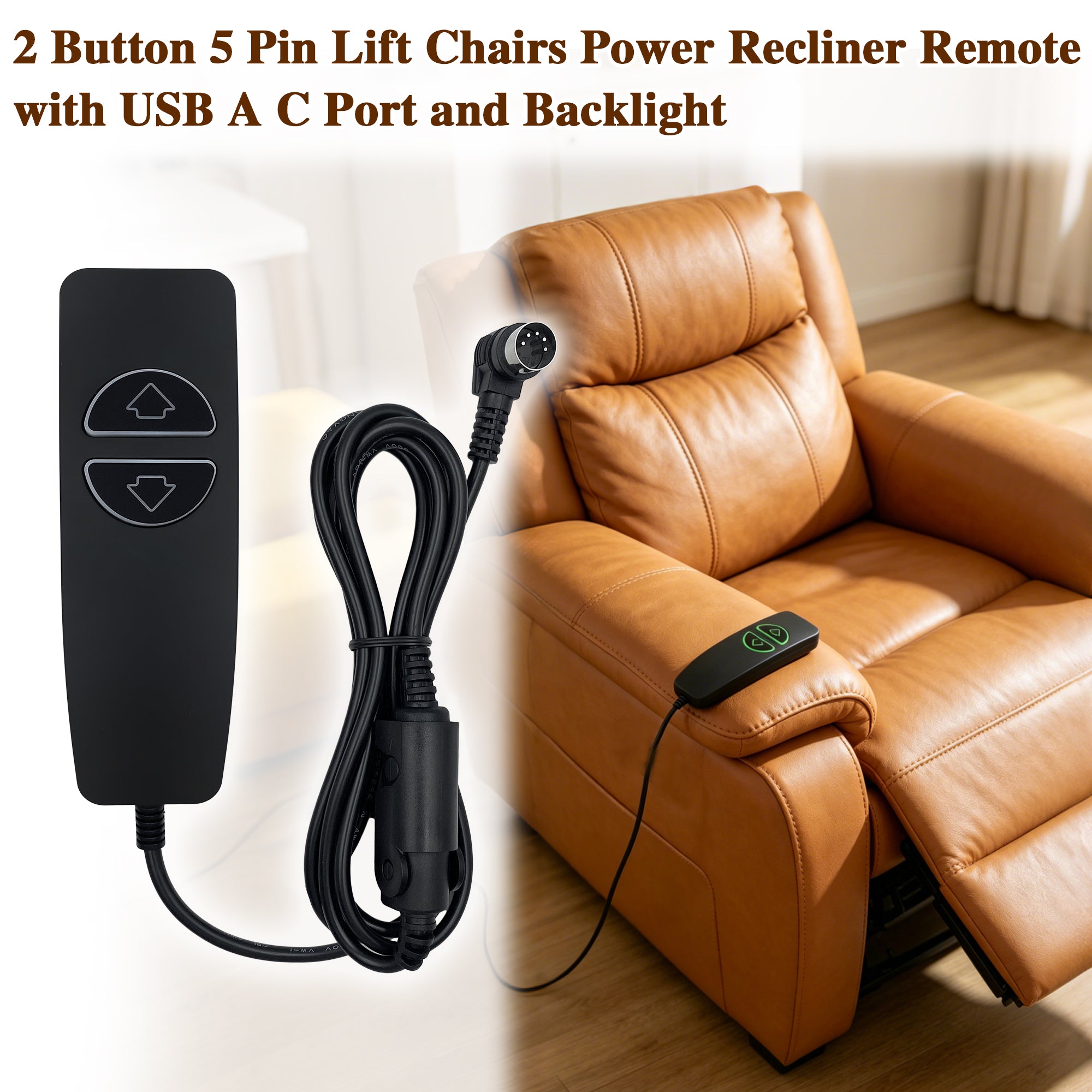 Fruhdi Lift Chair Power Recliner 2 Button 5 Pin Remote Control with USB A C Port