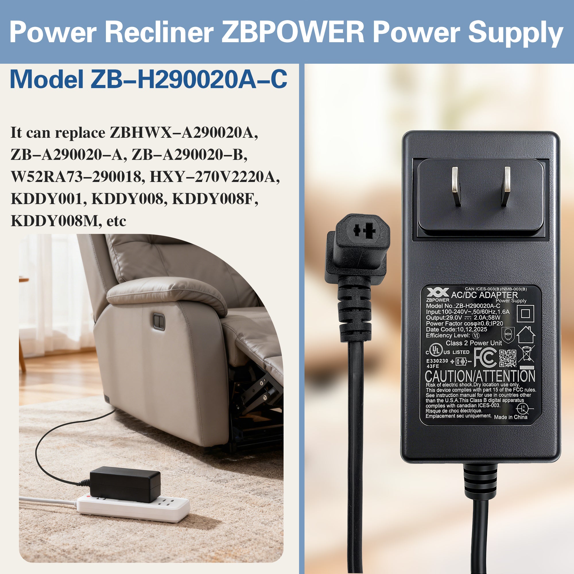 Fruhdi Power Recliner ZBPOWER Wall Power Supply Model ZB-H290020A-C 29V 2A Wall Switching Adapter for Electric Sofa Lift Chairs