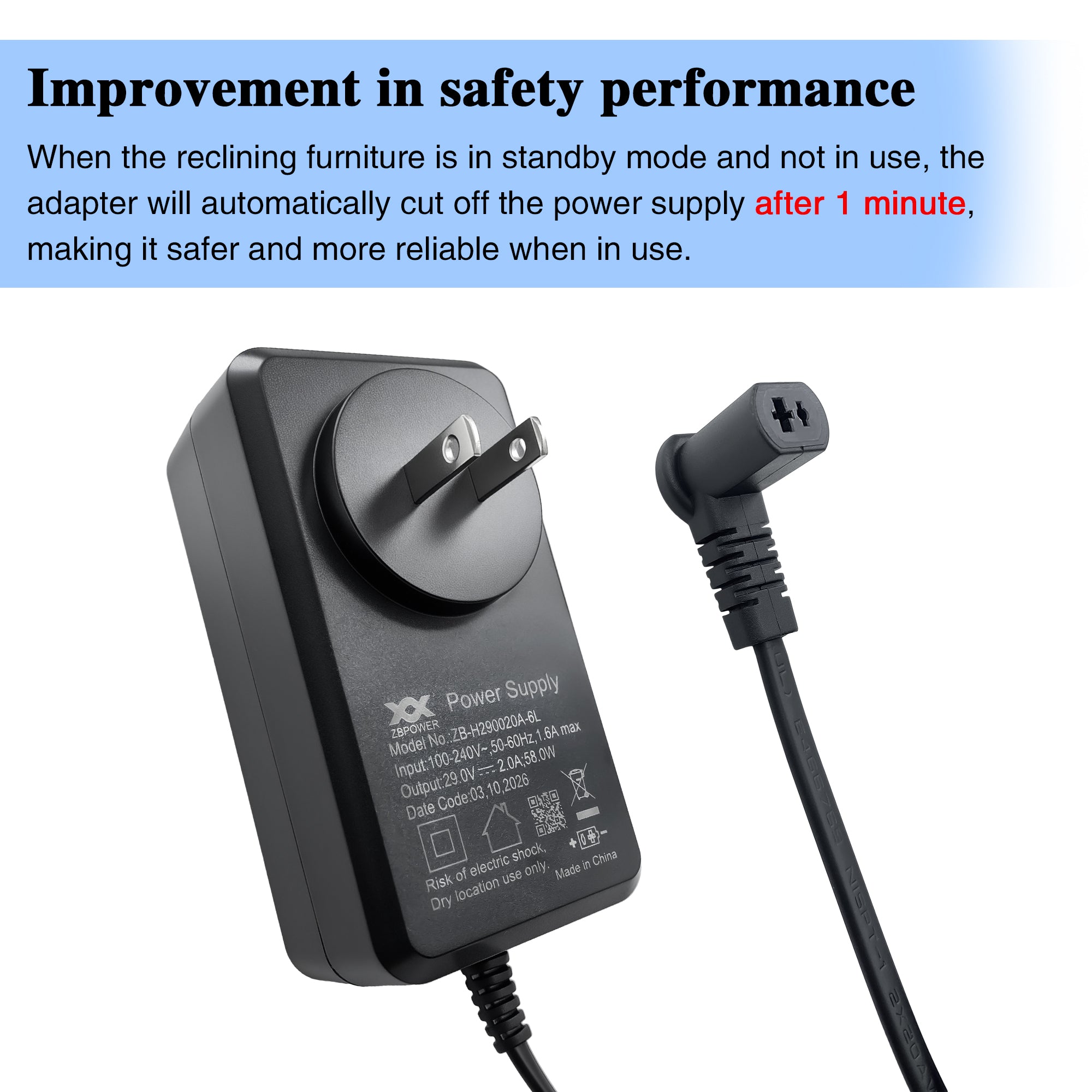 Fruhdi Power Recliner ZBPOWER Wall Power Supply Model ZB-H290020A-6L 29V 2A Wall Switching Adapter for Electric Sofa Lift Chairs